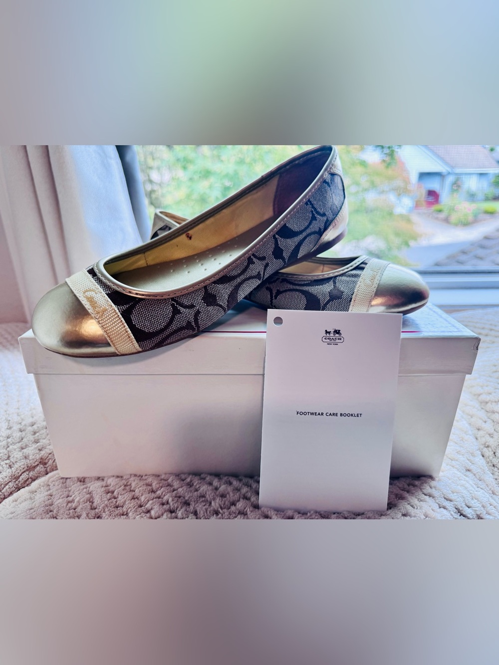 Coach Signature Canvas Ballet Flats in Brown with Gold Trim